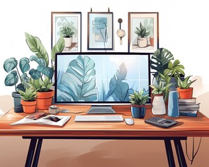 Home office with video conferencing setup, flat design, front view, remote work theme, water color, analogous color scheme