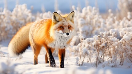 Obraz premium a graceful red fox trotting through a snow-covered meadow,
