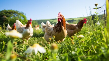 Fototapeta premium group of free-range hens foraging for food in a lush green pasture,