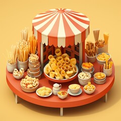Italian pasta food stall, flat design, top view, carnival theme, 3D render, triadic color scheme