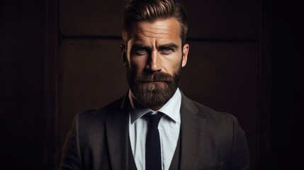 Fototapeta premium A serious-looking businessman in a black suit for a studio portrait