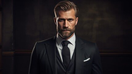 A serious-looking businessman in a black suit for a studio portrait