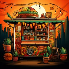 Mexican taco food stall, flat design, front view, Day of the Dead theme, cartoon drawing, vivid