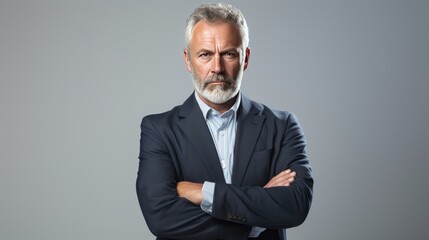 a lone architect standing confidently in front of a clear white background, arms crossed