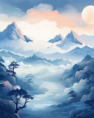 Misty mountain landscape, flat design, top view, fantasy theme, water color, analogous color scheme