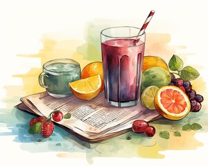 Morning routine with smoothie and newspaper, flat design, side view, peaceful theme, water color, vivid