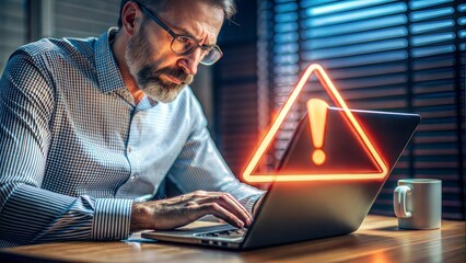 Developer using laptop with warning triangle sign for error notification and maintenance concept.
