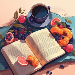 Reading a book with breakfast in bed, flat design, top view, relaxing morning theme, animation, triadic color scheme