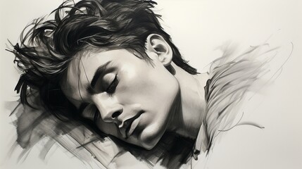 Realistic pencil sketch portrait, flat design, side view, detailed shading theme, water color, black and white