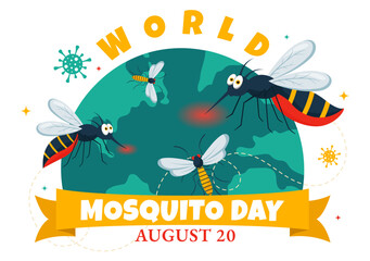 World Mosquito Day Vector Illustration on August 20th featuring a Midge that Can Cause Dengue Fever and Malaria in a Flat Style Cartoon Background