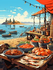 Seafood market by the harbor, flat design, top view, vibrant local theme, animation, split-complementary color scheme