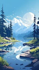 Serene lake landscape, flat design, top view, tranquil retreat theme, animation, analogous color scheme