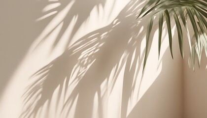 Obraz premium Blurred Shadow from Palm Leaves Cast on a Light Cream Wall, Creating a Beautiful Summer-Spring Background Perfect for Product Presentation with a Touch of Tranquility.