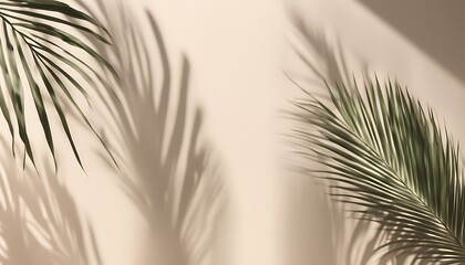 Blurred Shadow from Palm Leaves Cast on a Light Cream Wall, Creating a Beautiful Summer-Spring Background Perfect for Product Presentation with a Touch of Tranquility.

