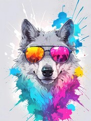 adorable white wolf head wearing sunglasses with Colored powder explosion on background