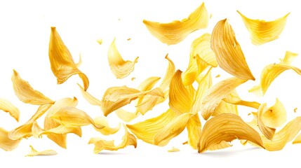 Golden, thinly sliced durian chips floating in the air on a white background, emphasizing their delicious and crispy texture