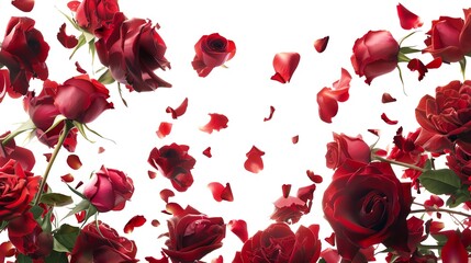 Lush bouquet of red roses floating on air, white background, creating a romantic and timeless floral display