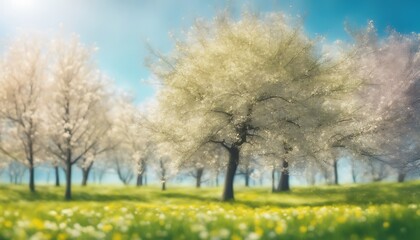 Obraz premium A Beautiful Blurred Background of Nature, Featuring a Blooming Glade, Trees, and a Blue Sky on a Sunny Day. Perfect for Capturing the Tranquil Beauty of Springtime. 