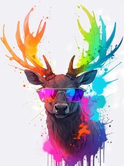adorable elk head wearing sunglasses with Colored powder explosion on background