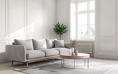 Scandinavian style living room interior with a grey sofa and coffee table near a window on a white wall, with a wooden floor in a light gray color