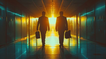 Two business professionals are captured in a brightly lit hallway, their silhouettes creating a dramatic contrast. They hold briefcases and documents, emphasizing the corporate environment.