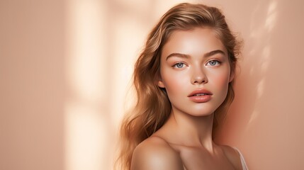 a woman with flawless skin and glowing makeup, 