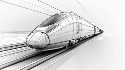 Black and white concept sketch of a futuristic high-speed train speeding through a streamlined tunnel.