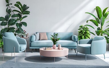 Sofa and armchair in a white living room interior with a pastel blue sofa mock up, a pink coffee table, a grey carpet floor and green plants on the wall background, a 3D rendering