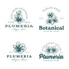 Set of Hand Drawn Frangipani or Plumeria Flower Logos, Floral Emblems Collection