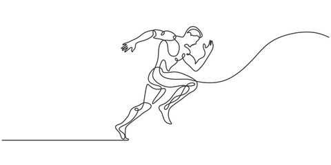 Man athlete running fast in one continuous single line art style. Adventure traveling outdoor sport.