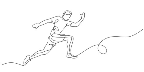 Man athlete running fast in one continuous single line art style. Adventure traveling outdoor sport.
