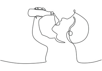 one continuous single line of boy drinking mineral water from bottle isolated on white background.