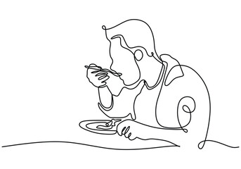 one continuous single line of man eating food on the table isolated on white background.