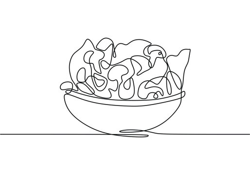 recommend clip art: one continuous single line of salad on bowl isolated on white background. Healthy vegetarian food.