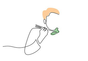 Obraz premium one continuous single line of man eating vegetable with chopstick on right hand on white background.