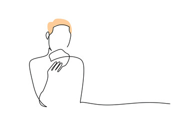 one continuous single line of man eating bread with right hand isolated on white background.