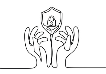 One continuous single line of shield with padlock in the middle of opened hands on white background.