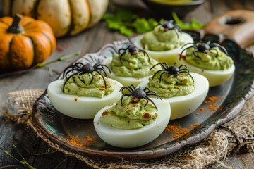 Halloween Deviled Eggs with Avocado and Spider Decorations