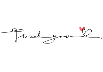 Thank You handwritten inscription with love heart symbol. One line drawing of phrase hand writing.