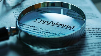 Close-up of a confidential document with the word "Confidential" magnified by a glass, emphasizing privacy and security.