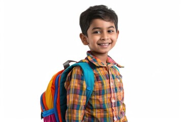 Primary school boy backpack portrait smile.