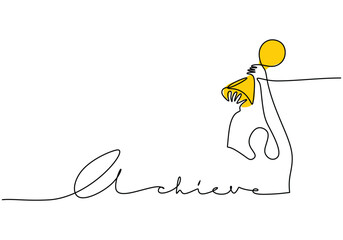 Achieve handwritten inscription with man lift up trophy. One line drawing of phrase hand writing.