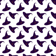 Purple witch hat with buckle. Seamless pattern. Vector illustration.
