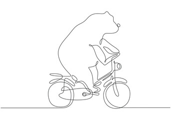 bear riding a bicycle in one single continuous line drawing style isolated on white background. © berkahlineart