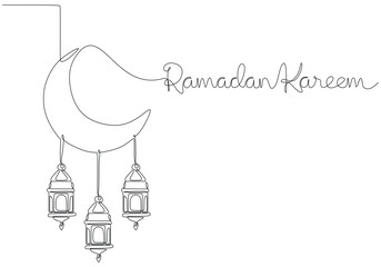 Hanging crescent moon and lanterns with ramadan kareem handwritten inscription in One line drawing.