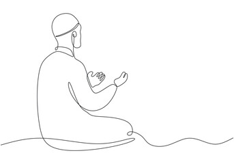 Muslim man sitting and praying in one single continuous line drawing style Ramadan kareem concept.