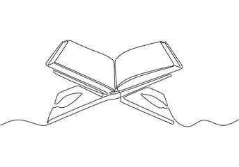 holy book al quran with board in one single continuous line drawing style for Ramadan kareem concept