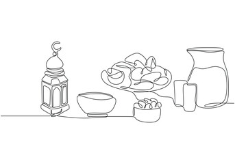 fast breaking dish for iftar in one single continuous line drawing style for Ramadan kareem concept.