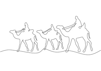 group of people riding camels on the desert in one single continuous line for Ramadan kareem concept