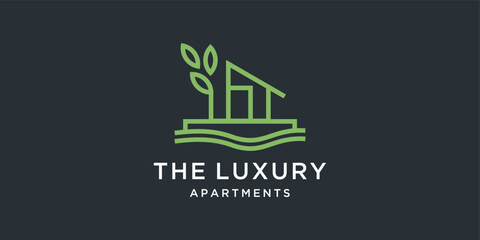 Creative building architecture, home, house, hotel logo design vector template, modern logo concept nature , tree, water, window and building.